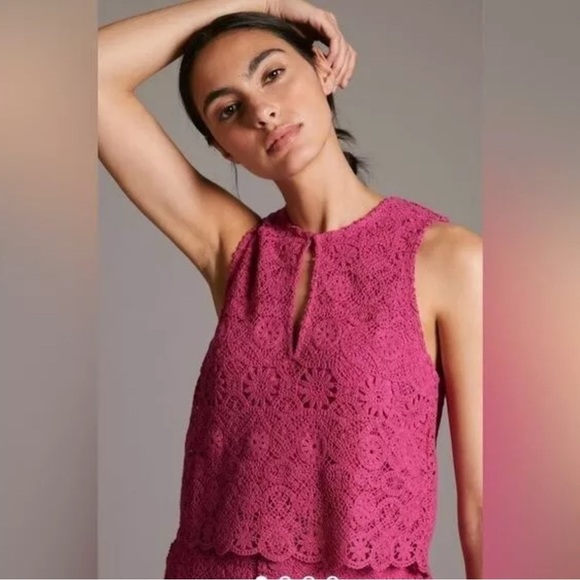 Anthropologie Maeve Solid Eyelet Crochet Top and Shorts Set Size 10 Fuchsia - Picture 2 of 16